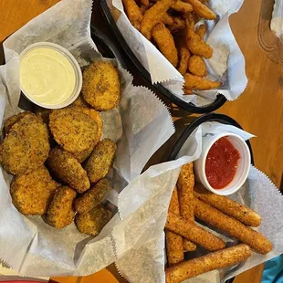 Onion petals, fried pickles, cheese stick