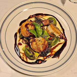 Scallops (parsnip turnip puree balsamic reduction, bacon, roasted brussels sprouts)