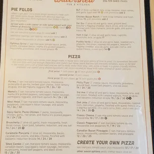 Current menu of pizza-related food options, with pie folds at the top, and pizzas below.