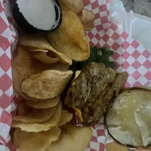 Philly and onion rings  Fried chicken sandwich with homemade chips and ranch.