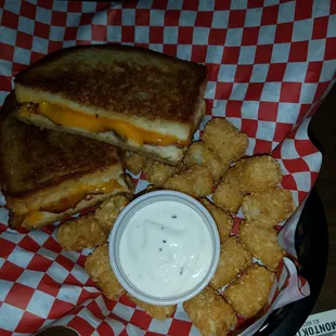 New menu! Grilled cheese sandwich with bacon and tots!!