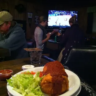 The Waterwheel Chimichanga!  $8.99 gut buster!  I didn&apos;t eat it; the guy next to me ordered it. Wish I had!