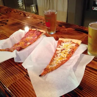 two slices of pizza and a glass of beer