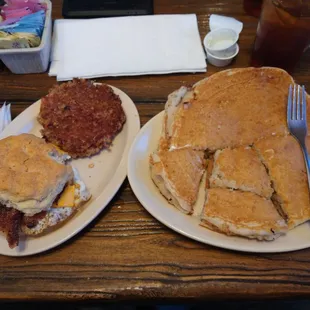 Sausage Patty, Bacon Egg and Cheese biscuit, two pancakes