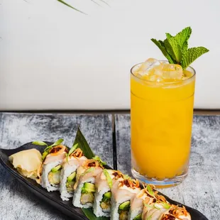 a sushi roll and a drink