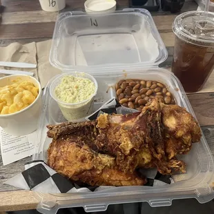 chicken, beans, macaroni and cheese