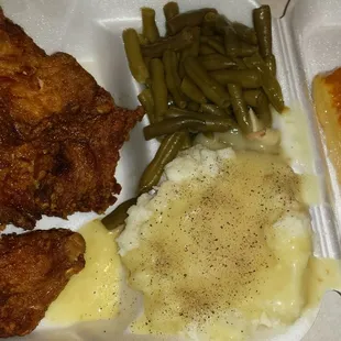 2 peices white meat, green beans, mashed potatoes and gravy, corn bread cake, $8.