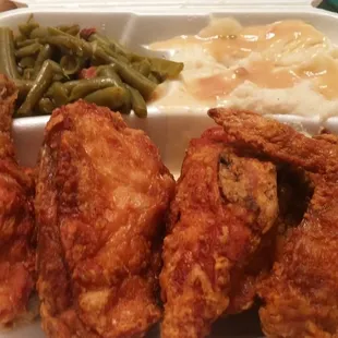 1/2 chicken meal with mashed potatoes and gravy and green beans