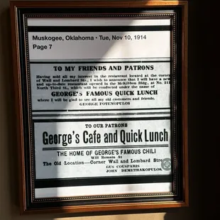 News paper clipping advertising &quot;George&apos;s&quot;