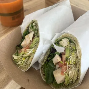Basil pesto chicken wrap + carrot juice with black pepper and turmeric