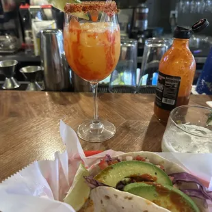 Shrimp tacos and the mango chamoy margarita