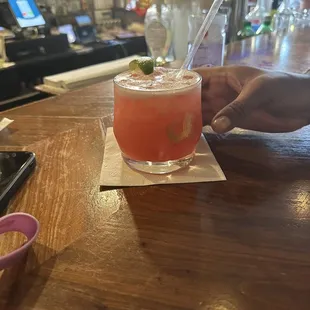 Mixed (raspberry and strawberry margarita) sweet (not too sweet) and strong!!