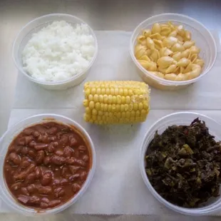 Corn on the cob collard greens pinto beans mac and cheese white rice