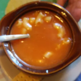 Chicken Macaroni Soup - With ONE tiny piece of chicken...more like Tomato Soup with Macaroni  noodles.