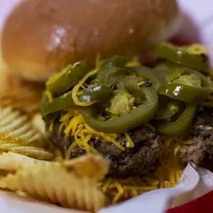 a hamburger and chips