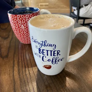 Coffee &amp; vanilla latte served in ceramic mugs. Yum!
