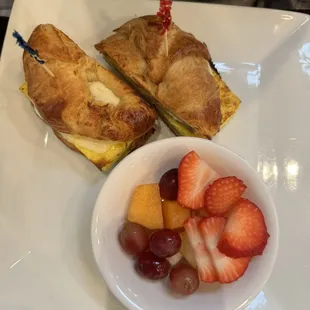 Breakfast sandwich with fruit cup