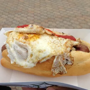 Culinary Twists- hot dog with egg &amp; cornbread hash