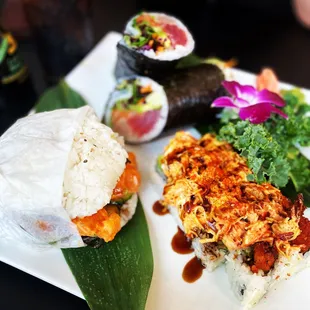 Spicy Salmon Burger*, Spicy Kraken Roll, Rainbow Burrito*