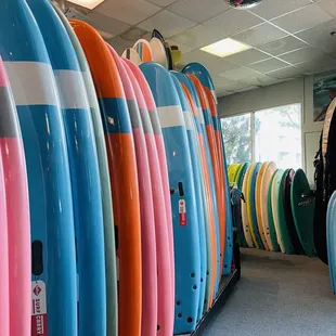 Surf boards, a lot of these are the ones they use at camp