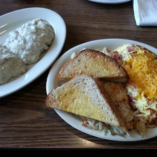 Omelet, hashbrowns, toast, and biscuits &amp; sausage gravy!