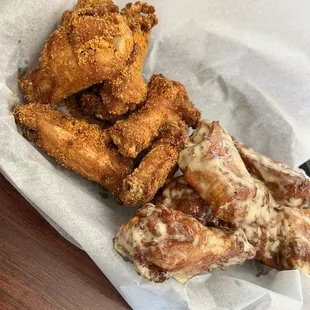 Maple bacon dry rub and garlic parm wings