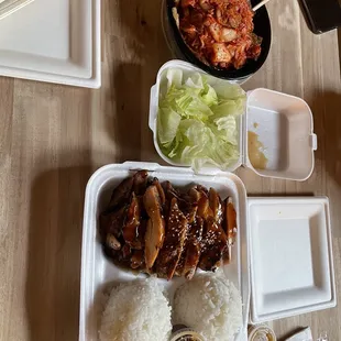 Chicken teriyaki, and side of kimchi