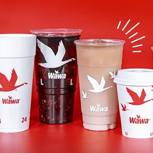 a variety of coffee cups on a red background