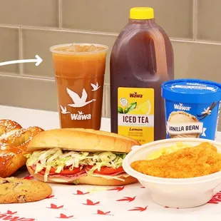 a variety of food items on a counter