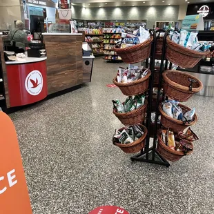 a grocery store with baskets of food