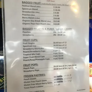 a menu for a variety of foods