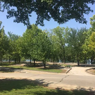 View of many of the campsites (Area C) looking out from the bath house.  In the distance, you can see many of the lakefront sites.