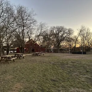 Barn, picnic tables, tether ball.