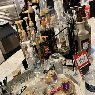 a counter with a variety of beverages