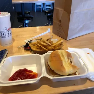 Rodeo burger no cheese and fries.