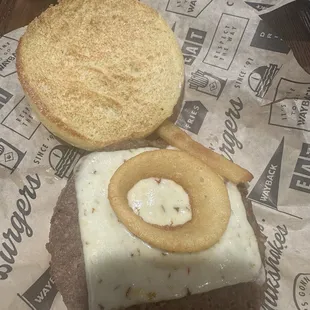 My burger with onion rings...or rather, very cold onion ring.