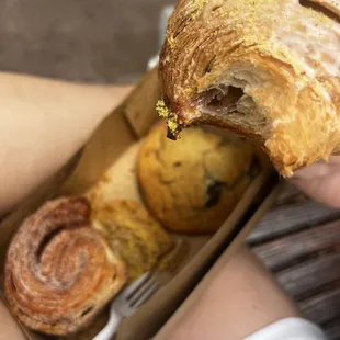 Cinn roll, chocolate chip cookie and corn sesame cookie