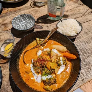 Maa's Gaeng Pak: homestyle veggies, yellow curry, chili threads, &amp; coconut cream