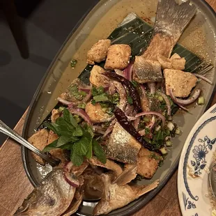 larb pla tod (fried branzino)