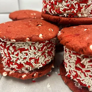 Red velvet ice cream sandwich. We have lots of different flavors of sandwiches.