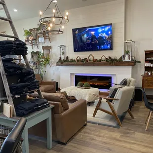 a living room with a fireplace