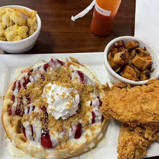 Cherry cheesecake waffle with tenders. Potatoes and Mac and cheese on the side