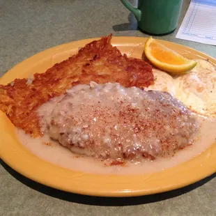 Country Fried Streak. The gravy was thinner than we usually see but it definitely didn&apos;t lack in flavor!