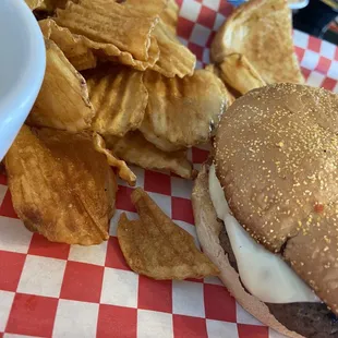 Plain cheeseburger, homemade chips