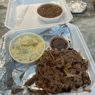 Smoked Pulled Pork Dinner with Potato Salad and Baked Beans