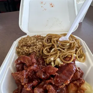 Peking pork with fried rice and chow mein.