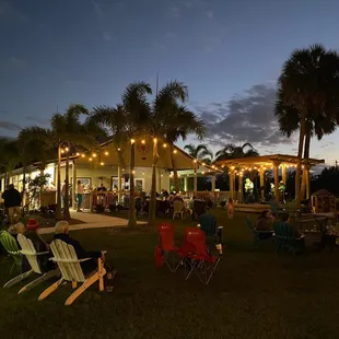 people sitting in lawn chairs