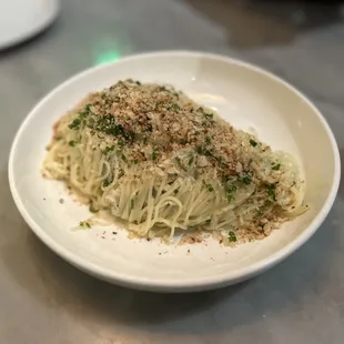 Jonah crab and angel hair pasta (guanciale on the side)