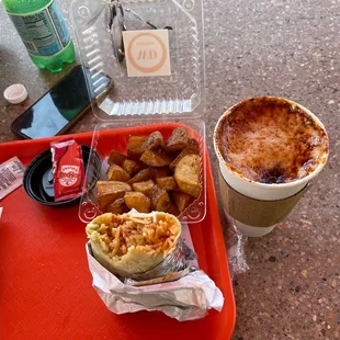 Chicken Tinga burrito an creme brûlée latte