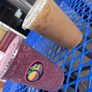 In the purple smoothie and large iced coffee with almond milk